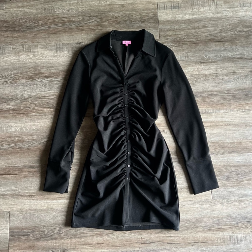 Little Black Button Down Long Sleeve Dress with Ruffles Miami